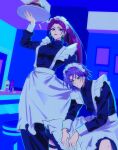  absurdres apron blue_background crossdressing deitycyla highres james_(pokemon) jessie_(pokemon) maid maid_apron maid_headdress otoko_no_ko plate pokemon pokemon_(anime) sinful_hime 