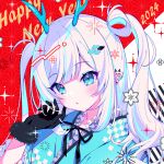  1girl 2024 :o asa_no_ha_(pattern) black_gloves blue_eyes blue_hair blue_kimono blush colored_inner_hair commentary diamond_hair_ornament dragon_girl dragon_horns earrings eyelashes flower_(symbol) frilled_kimono frills fur-trimmed_gloves fur_trim gloves hair_ornament happy_new_year highres horns japanese_clothes jewelry kimono looking_at_viewer multicolored_hair multiple_earrings new_year original pointy_ears portrait red_background solo sparkle tatejima_uri two-tone_background two_side_up upper_body white_background white_hair 