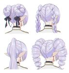  1girl alternate_hairstyle braid double_bun drill_hair earrings elf facing_away frieren from_behind hair_bun jewelry long_hair multiple_views nape official_alternate_hairstyle oto1_030 pointy_ears ponytail simple_background solo sousou_no_frieren twin_braids twin_drills twintails white_hair 
