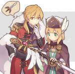  1boy 1girl :o blonde_hair brown_eyes closed_mouth coat commentary_request eldigan_(fire_emblem) epaulettes fire_emblem fire_emblem:_genealogy_of_the_holy_war fire_emblem_heroes fur-trimmed_coat fur_trim gloves gold_trim green_eyes grey_background haconeri head_wings holding holding_sword holding_weapon jewelry medium_hair nanna_(fire_emblem) nanna_(scion)_(fire_emblem) official_alternate_costume open_mouth smile sparkle sword two-tone_background uncle_and_niece weapon white_background white_gloves wings 