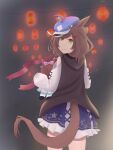  1girl animal_ears brown_hair cape festival hat highres long_hair long_sleeves looking_at_viewer matikane_tannhauser_(umamusume) non-web_source ribbon skirt smile stuffed_animal stuffed_toy tail umamusume yellow_eyes 