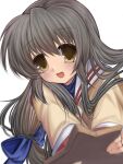  1girl blue_shirt blurry brown_eyes clannad depth_of_field grey_hair highres hikarizaka_private_high_school_uniform ibuki_fuuko jacket long_hair looking_at_viewer low-tied_long_hair nemu_(zutto_oyasu3) sailor_collar school_uniform serafuku shirt smile solo starfish upper_body white_sailor_collar yellow_jacket 