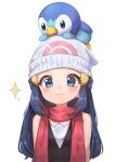  1girl :3 absurdres aqua_eyes beanie black_hair black_shirt blush closed_mouth commentary_request eyelashes hair_ornament hairclip hat highres hikari_(pokemon) korean_commentary long_hair looking_at_viewer on_head pink_scarf pokemon pokemon_(creature) pokemon_dppt pokemon_on_head rtb_(jbsb8423) scarf shirt sidelocks sleeveless sleeveless_shirt smile sparkle tareme upper_body white_background white_headwear 