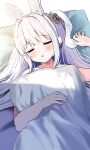  1girl absurdres animal_ears aoraine blue_archive blush closed_eyes fake_animal_ears grey_hair highres long_hair lying miyako_(blue_archive) on_back one_side_up parted_lips pillow rabbit_ears sleeping solo 