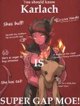  1girl arrow_(symbol) asymmetrical_hair baldur&#039;s_gate baldur&#039;s_gate_3 black_hair breasts broken_horn burning colored_skin commentary curled_horns demon_girl demon_horns demon_tail dungeons_and_dragons english_commentary english_text fire highres holding holding_stuffed_toy horns ironlily karlach large_breasts long_hair looking_at_viewer multicolored_hair muscular muscular_female pointy_ears red_skin redhead single_strap slit_pupils solo stuffed_animal stuffed_toy tail teddy_bear tiefling two-tone_hair yellow_eyes 