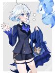  1girl ahoge ascot blue_ascot blue_brooch blue_eyes blue_hair blue_jacket cowboy_shot furina_(genshin_impact) genshin_impact hair_between_eyes heterochromia jacket light_blue_hair long_sleeves multicolored_hair open_mouth shinoo0915 short_hair sidelocks simple_background smile solo standing streaked_hair surintendante_chevalmarin two-tone_hair 