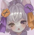  1girl animal_ears cat_ears commentary english_commentary food-themed_hair_ornament grey_hair hair_ornament hair_ribbon heterochromia looking_at_viewer open_mouth orange_ribbon original portrait pumpkin_hair_ornament purple_ribbon ribbon shiona_(siona0625) short_hair simple_background skull_hair_ornament solo violet_eyes yellow_eyes 