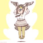  1girl arms_up belt bird_girl bird_tail bird_wings brown_hair coroha feathered_wings full_body gloves head_wings jumping kemono_friends kemono_friends_3 looking_at_viewer necktie pantyhose peregrine_falcon_(kemono_friends) shirt shoes short_hair simple_background skirt solo tail wings yellow_background 