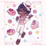  1boy :d ;d ascot black_hair blue_ribbon border broken_heart brown_footwear buttons cake cake_slice collar collared_shirt cookie dark-skinned_male dark_skin doughnut english_text flower food frilled_collar frills hands_up hat heart highres jacket kneehighs lapels leg_up male_focus nonokusu_(no2xnox) one_eye_closed orange_eyes original outside_border pants pink_border pink_flower pink_rose pink_vest ribbon rose shirt shoes short_hair simple_background smile socks solo sparkle star_(symbol) thick_eyebrows top_hat vest vitiligo white_background white_headwear white_jacket white_pants white_socks yellow_ascot 