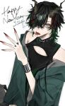 1boy 2024 bare_shoulders black_hair bracelet character_request copyright_request hair_over_one_eye happy_new_year highres jacket jewelry oxo_00 red_nails short_hair simple_background sleeveless solo tongue tongue_out white_background yellow_eyes 