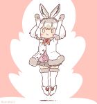  1girl animal_ears arms_up bow bowtie coroha elbow_gloves extra_ears full_body gloves grey_hair jacket jumping kemono_friends kemono_friends_3 looking_at_viewer mountain_hare_(kemono_friends) pink_background rabbit_ears rabbit_girl shirt shoes short_hair simple_background skirt solo thigh-highs 