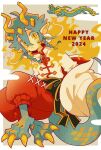 1boy character_request chinese_clothes copyright_request dragon dragon_boy dragon_horns dragon_tail earrings full_body happy_new_year highres horns jewelry kina_ramu3 male_focus pointy_ears solo tail 