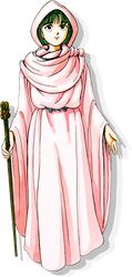  1girl artist_request black_eyes dress fire_emblem fire_emblem_gaiden full_body green_hair holding holding_staff hood long_hair looking_at_viewer official_art outstretched_arms pink_dress shadow silque_(fire_emblem) smile staff standing 