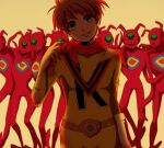  1boy alien bodysuit brown_hair chargeman_ken! crazy_eyes empty_eyes evil_smile gloves highres horror_(theme) izumi_ken jural light_smile looking_at_viewer mido_(byebyebye03) red_scarf scarf shadow simple_background smile torn_clothes white_gloves yellow_bodysuit 