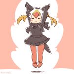  1girl arms_up bird_girl bird_tail bird_wings cardigan coroha feathered_wings full_body gloves head_wings jumping kemono_friends kemono_friends_3 long_hair looking_at_viewer multicolored_hair pantyhose pink_background scarf shoes simple_background skirt solo tail thigh-highs tufted_puffin_(kemono_friends) white_hair wings 