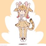 1girl animal_ears arms_up bow bowtie brown_hair cat_ears cat_girl cat_tail coroha extra_ears full_body jumping kemono_friends kemono_friends_3 large-spotted_genet_(kemono_friends) long_hair looking_at_viewer pink_hair shirt shoes simple_background skirt solo tail thigh-highs twintails 