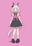  1girl alternate_costume animal_ears blush breasts brown_eyes grey_hair hair_ornament hairclip highres hishi_miracle_(umamusume) horse_ears horse_girl horse_tail looking_at_viewer medium_breasts medium_hair nenbutsu_0416 open_mouth pink_background shoes simple_background solo standing tail umamusume 