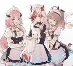  3girls alternate_costume animal_ears apron black_sleeves blue_eyes breasts cat_ears cat_girl chinese_clothes closed_eyes commentary_request cup elysia_(honkai_impact) elysia_(miss_pink_elf)_(honkai_impact) english_text fu_hua fu_hua_(garuda) gloves hair_between_eyes hand_on_another&#039;s_shoulder highres holding honkai_(series) honkai_impact_3rd light_brown_hair long_hair looking_at_another maid maid_apron maid_headdress medium_hair mug multiple_girls official_alternate_costume open_mouth pardofelis_(honkai_impact) pink_hair qqqne red_eyes redhead simple_background small_breasts upper_body white_background white_gloves white_hair white_sleeves 