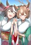  2girls ^_^ absurdres animal_ears black_hair braid brown_hair closed_eyes closed_mouth facing_viewer green_kimono hair_ornament highres horse_ears horse_girl japanese_clothes kimono kinoyama_(0202) kitasan_black_(umamusume) long_hair long_sleeves multicolored_hair multiple_girls obi open_mouth outdoors sash satono_diamond_(umamusume) short_hair sky smile umamusume white_kimono wide_sleeves 