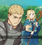  1boy 1girl armor blonde_hair blue_capelet blue_robe capelet choker commentary drooling dungeon_meshi elf english_commentary english_text full_armor holding holding_staff laios_thorden let_him_cook_(meme) light_brown_hair long_hair looking_at_another marcille_donato meme pointy_ears red_choker robe short_hair snapchat staff sweatdrop wallace_pires 