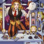  1boy absurdres action_figure basket bat_(animal) bkqoysswsahsgtc blonde_hair blush brown_vest candy food ghost halloween highres holding holding_basket kimetsu_no_yaiba long_hair male_focus manga_(object) multicolored_hair necktie open_mouth pants pumpkin red_necktie redhead rengoku_kyoujurou shirt smile striped striped_pants stuffed_toy table teeth two-tone_hair upper_teeth_only vest white_shirt window wrapped_candy 