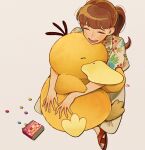  1girl :d affectionate blush brown_footwear brown_hair closed_eyes collared_shirt commentary_request happy haru_(pokemon) highres holding holding_pokemon im_honeybread long_hair open_mouth pants pokemon pokemon_(creature) pokemon_concierge ponytail psyduck sandals shirt sitting smile teeth tongue upper_teeth_only 