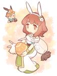  1boy 1girl alternate_costume animal_ears blue_scarf brown_fur character_request chibi chibi_inset closed_mouth egg eyelashes fire_emblem fire_emblem_heroes floral_background flower haconeri hat holding holding_egg invisible_chair orange_headwear rabbit rabbit_ears red_eyes redhead scarf short_hair sitting smile solid_oval_eyes white_background white_flower white_fur 