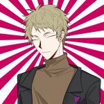  1boy atou_haruki beiquqian black_jacket blonde_hair brown_sweater chinese_commentary closed_eyes closed_mouth commentary_request highres jacket male_focus open_clothes open_jacket portrait saibou_shinkyoku short_hair smile solo sunburst sunburst_background sweater turtleneck turtleneck_sweater 