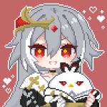  1girl animal bird black_gloves chinese_clothes fingerless_gloves fu_hua fu_hua_(herrscher_of_sentience) gloves grey_hair heart highres holding honkai_(series) honkai_impact_3rd jewelry jingwei_(bird) multicolored_hair pixel_art simple_background streaked_hair upper_body white_gloves xtx_mercury yellow_pupils 