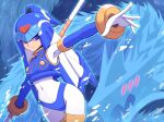  1girl blue_eyes bodysuit crop_top forehead_jewel helmet highres holding holding_weapon ice_dragon ishigaki_(sora_roxas) leviathan_(mega_man) looking_at_viewer mega_man_(series) mega_man_zero_(series) red_eyes solo twitter_username weapon white_bodysuit 