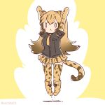  1girl animal_ears arms_up blonde_hair cheetah_ears cheetah_girl cheetah_print cheetah_tail coroha elbow_gloves extra_ears full_body gloves jumping kemono_friends kemono_friends_3 king_cheetah_(kemono_friends) long_hair looking_at_viewer necktie shirt shoes simple_background skirt solo tail thigh-highs yellow_background 