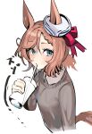  1girl animal_ears blue_eyes bow brown_hair commentary_request cup drinking_straw grey_sweater hat hat_bow holding holding_cup horse_ears long_sleeves red_bow short_hair simple_background solo solokitsune sweater tail umamusume upper_body venus_park_(umamusume) white_background white_headwear 