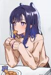  1girl alternate_costume blue_background blunt_bangs blush breasts brown_skirt brown_sweater commentary cookie eating elbow_rest food halo highres hololive hololive_english long_hair looking_at_viewer mouth_hold ninomae_ina&#039;nis orinte own_hands_together plaid plaid_skirt plate pointy_ears purple_hair sidelocks simple_background skirt sleeves_past_wrists small_breasts sweater table takodachi_(ninomae_ina&#039;nis) twitter_username upper_body violet_eyes virtual_youtuber 
