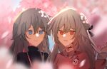  2girls black_choker black_ribbon black_shirt blue_eyes blue_hair cherry_blossoms choker closed_mouth fried_bacon712 fu_hua fu_hua_(herrscher_of_sentience) grey_hair hair_between_eyes highres honkai_(series) honkai_impact_3rd jingwei_(bird) light_smile long_hair long_sleeves multicolored_hair multiple_girls parted_lips pink_shirt red_eyes ribbon shirt streaked_hair white_hair yellow_pupils 