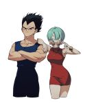  1boy 1girl arm_on_another&#039;s_shoulder black_hair blue_shirt bracelet bulma cowboy_shot crossed_arms deogbab dragon_ball dragon_ball_z dress earrings green_hair jewelry looking_at_viewer looking_to_the_side necklace one_eye_closed pants red_dress shirt short_dress short_hair simple_background sleeveless sleeveless_dress smile sunglasses vegeta white_background 
