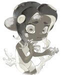  1girl a_a2001214 agent_8_(splatoon) black_hair bodysuit commentary coral dark-skinned_female dark_skin grey_eyes highres medium_hair octoling octoling_girl open_mouth scared simple_background skin_tight sleeveless sleeveless_bodysuit solo splatoon_(series) splatoon_3 splatoon_3:_side_order tentacle_hair thick_eyebrows white_background white_bodysuit 