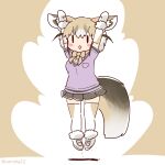  1girl animal_ears arms_up bow bowtie brown_background cardigan coroha elbow_gloves extra_ears fox_ears fox_girl fox_tail full_body gloves grey_hair jumping kemono_friends kemono_friends_3 looking_at_viewer rueppell&#039;s_fox_(kemono_friends) shirt shoes short_hair simple_background skirt solo tail thigh-highs 