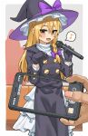  1boy 1other absurdres black_gloves black_jacket blonde_hair blush bo_(bocky0w0) bow braid brown_eyes buttons commentary_request cookie_(touhou) cowboy_shot genderswap genderswap_(ftm) gloves hair_between_eyes hair_bow hat hat_bow highres holding holding_microphone holding_phone jacket kirisame_marisa long_bangs long_hair looking_at_viewer male_focus microphone musical_note open_mouth otoko_no_ko petticoat phone purple_bow rei_(cookie) shirt single_braid smile solo_focus spoken_musical_note touhou turtleneck white_shirt witch_hat 