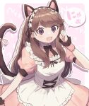  1girl :d animal_ears back_bow black_bow black_bowtie bow bowtie brown_hair cat_ears cat_tail dress fujishima_megumi hairband hand_up highres link!_like!_love_live! lolita_fashion lolita_hairband long_hair love_live! pink_dress puffy_sleeves short_sleeves sidelocks simple_background smile solo tail two_side_up violet_eyes wotakana_s wrist_cuffs 
