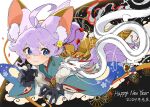  1girl ahoge animal_ears black_gloves blue_eyes character_request chinese_zodiac claw_pose copyright_request dragon full_body gloves happy_new_year new_year purple_hair smile solo year_of_the_dragon zarameru_jisosaku 