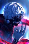  1boy absurdres black_nails black_sclera black_shirt colored_sclera fezukira hand_up highres hood hood_down kagune_(tokyo_ghoul) kaneki_ken looking_at_viewer male_focus mask nail_polish red_eyes shirt short_hair solo teeth_print tokyo_ghoul white_hair 