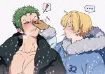  2boys absurdres bishounen blonde_hair blush cigarette closed_eyes coat curly_eyebrows earrings facial_hair fur_coat gloves green_hair highres jewelry long_sideburns male_focus multiple_boys nose_blush one_piece roronoa_zoro sanji_(one_piece) scar scar_across_eye scar_on_chest scar_on_face short_hair sideburns tm_one 