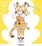  1girl animal_ears animal_print arms_up blonde_hair coroha elbow_gloves extra_ears full_body gloves jumping kemono_friends long_hair looking_at_viewer necktie shirt shoes simple_background skirt smilodon_(kemono_friends) solo sword tail thigh-highs tiger_ears tiger_girl tiger_print tiger_tail weapon yellow_background 