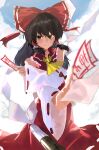  1girl absurdres ascot bare_shoulders black_hair blue_sky bow closed_mouth clouds cloudy_sky commentary crossed_arms detached_sleeves feet_out_of_frame foreshortening frilled_bow frills gohei grey_eyes hair_between_eyes hair_bow hair_ribbon hair_tubes hakurei_reimu highres holding jeiijuu looking_at_viewer nontraditional_miko omikuji outdoors red_bow red_ribbon red_skirt ribbon ribbon-trimmed_sleeves ribbon_trim romaji_commentary sidelocks skirt sky solo touhou wide_sleeves yellow_ascot 