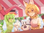  animal_ears blonde_hair bow bowtie cat_ears cat_girl cat_tail cellval elbow_gloves extra_ears gloves green_hair grey_eyes head_wings kemono_friends kemono_friends_3 lucky_beast_(kemono_friends) mitorizu_02 peach_panther_(kemono_friends) red_eyes serval_(kemono_friends) shirt short_hair skirt sleeveless sleeveless_shirt stuffed_toy tail white_hair white_serval_(kemono_friends) wings yellow_eyes 
