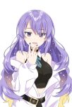  1girl black_choker breasts choker fang highres hololive hololive_indonesia jacket long_hair midriff moona_hoshinova moona_hoshinova_(1st_costume) multicolored_hair purple_hair satou_nikkou smile violet_eyes white_background white_jacket 