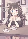 1girl :o absurdres animal_ears blue_eyes braid brown_hair cafe cat cat_ears cat_girl cat_tail coffee colon_br commission cowboy_shot cup fang heterochromia highres indoors long_hair multicolored_hair original pink_ribbon red_eyes ribbon side_braid skeb_commission skin_fang tail teacup