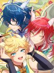  3boys aoba_tsumugi blonde_hair blue_eyes blue_hair closed_mouth dragon_boy dragon_horns ensemble_stars! green_eyes green_hair harukawa_sora highres horns looking_at_viewer male_focus multicolored_hair multiple_boys one_eye_closed redhead sakasaki_natsume short_hair short_hair_with_long_locks smile switch_(ensemble_stars!) take_no_ko white_hair yellow_eyes 