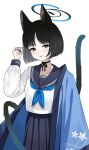  1girl absurdres animal_ears black_eyes black_hair black_sailor_collar black_skirt blue_archive blue_neckerchief cat_ears cat_tail haori highres japanese_clothes kikyou_(blue_archive) long_sleeves multiple_tails neckerchief pleated_skirt sailor_collar school_uniform serafuku short_hair simple_background skirt solo tail two_tails wasi white_background 