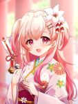  1girl arrow_(projectile) bell blurry blurry_background commission fang floral_print flower hamaya heart heart_in_eye highres japanese_clothes kimono momose_nina obi open_mouth pink_hair pink_kimono project_nebula purple_sash sash skeb_commission skin_fang solo symbol_in_eye upper_body violet_eyes virtual_youtuber white_flower yui_mirano 
